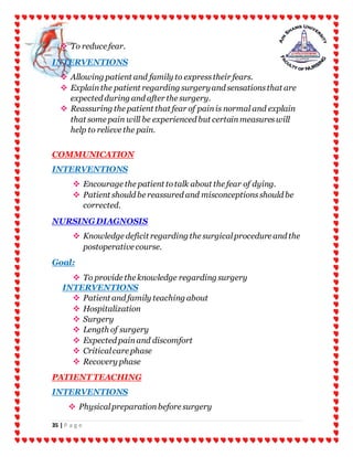 35 | P a g e
 To reduce fear.
INTERVENTIONS
 Allowing patient and family to expresstheir fears.
 Explainthe patient regarding surgeryand sensationsthat are
expected during and after the surgery.
 Reassuring the patient that fear of painis normal and explain
that some pain will be experienced but certainmeasureswill
help to relieve the pain.
COMMUNICATION
INTERVENTIONS
 Encourage the patient totalk about the fear of dying.
 Patient should be reassured and misconceptionsshould be
corrected.
NURSINGDIAGNOSIS
 Knowledge deficit regarding the surgicalprocedure and the
postoperative course.
Goal:
 To provide the knowledge regarding surgery
INTERVENTIONS
 Patient and family teaching about
 Hospitalization
 Surgery
 Length of surgery
 Expected painand discomfort
 Criticalcare phase
 Recovery phase
PATIENT TEACHING
INTERVENTIONS
 Physicalpreparationbefore surgery
 