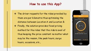 How to use this App?
❖ The driver requests for the rides provided by
them are per kilometre thus optimising the
distance between Location A and Location B.
❖ Finally, the solution provides fixed pricing
method for the rides that the riders avail of
thus keeping the price constant no matter what
may be the reason, like peak hours, surge
hours, occasions, etc.,
 