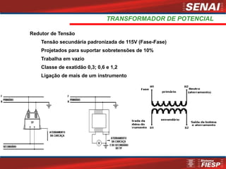 TRANSFORMADOR DE POTENCIAL
Redutor de Tensão
Tensão secundária padronizada de 115V (Fase-Fase)
Projetados para suportar sobretensões de 10%
Trabalha em vazio
Classe de exatidão 0,3; 0,6 e 1,2
Ligação de mais de um instrumento
DIAGRAMA
 