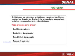 PROTEÇÃO
O objetivo de um sistema de proteção nos equipamentos elétricos
consiste em detectar um defeito, isolar o mas rápido possível sem
perturbar outros equipamentos não defeituoso.
Toda proteção deve prever
- Exatidão na proteção
- Seletividade de operação
- Sensibilidade de operação
- Rapidez de operação
DIAGRAMA
 