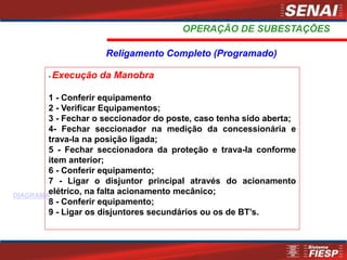 - Execução da Manobra
1 - Conferir equipamento
2 - Verificar Equipamentos;
3 - Fechar o seccionador do poste, caso tenha sido aberta;
4- Fechar seccionador na medição da concessionária e
trava-la na posição ligada;
5 - Fechar seccionadora da proteção e trava-la conforme
item anterior;
6 - Conferir equipamento;
7 - Ligar o disjuntor principal através do acionamento
elétrico, na falta acionamento mecânico;
8 - Conferir equipamento;
9 - Ligar os disjuntores secundários ou os de BT’s.
Religamento Completo (Programado)
OPERAÇÃO DE SUBESTAÇÕES
DIAGRAMA
 