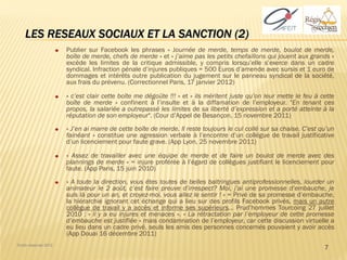 LES RESEAUX SOCIAUX ET LA SANCTION (2)
                       Publier sur Facebook les phrases « Journée de merde, temps de merde, boulot de merde,
                       boîte de merde, chefs de merde » et « j’aime pas les petits chefaillons qui jouent aux grands »
                       excède les limites de la critique admissible, y compris lorsqu’elle s’exerce dans un cadre
                       syndical. Infraction pénale d’injures publiques = 500 Euros d’amende avec sursis et 1 euro de
                       dommages et intérêts outre publication du jugement sur le panneau syndical de la société,
                       aux frais du prévenu. (Correctionnel Paris, 17 janvier 2012)

                       « c’est clair cette boîte me dégoûte !!! » et « ils méritent juste qu’on leur mette le feu à cette
                       boîte de merde » confinent à l’insulte et à la diffamation de l’employeur. "En tenant ces
                       propos, la salariée a outrepassé les limites de sa liberté d’expression et a porté atteinte à la
                       réputation de son employeur". (Cour d’Appel de Besançon, 15 novembre 2011)
                       « J’en ai marre de cette boîte de merde. Il reste toujours le cul collé sur sa chaise. C’est qu’un
                       fainéant » constitue une agression verbale à l’encontre d’un collègue de travail justificative
                       d’un licenciement pour faute grave. (App Lyon, 25 novembre 2011)

                       « Assez de travailler avec une équipe de merde et de faire un boulot de merde avec des
                       plannings de merde » = injure proférée à l’égard de collègues justifiant le licenciement pour
                       faute. (App Paris, 15 juin 2010)
                       « A toute la direction, vous êtes toutes de belles baltringues antiprofessionnelles, lourder un
                       animateur le 2 août, c’est faire preuve d’irrespect? Moi, j’ai une promesse d’embauche, je
                       suis là pour un an, et croyez-moi, vous allez le sentir ! » = Privé de sa promesse d’embauche,
                       la hiérarchie ignorant cet échange qui a lieu sur des profils Facebook privés, mais un autre
                       collègue de travail y a accès et informe ses supérieurs… Prud’hommes Tourcoing 27 juillet
                       2010 : « il y a eu injures et menaces ». « La rétractation par l’employeur de cette promesse
                       d’embauche est justifiée » mais condamnation de l’employeur, car cette discussion virtuelle a
                       eu lieu dans un cadre privé, seuls les amis des personnes concernés pouvaient y avoir accès
                       (App Douai 16 décembre 2011)
Droits réservés 2012
                                                                                                                     7
 