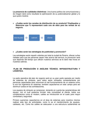La presencia de cualidades distintivas: Una buena política de comunicaciones y
de imagen dará como resultado la optimización de su potencializarían global y lo
que quiere mostrar.



    ¿Cuáles serán los canales de distribución de su producto? Explíquelos y
     determine que % representará cada uno de ellos para las ventas de su
     negocio.




    distribuidor       cabinet            cliente




    ¿Cuáles serán las estrategias de publicidad y promoción?

Las estrategias serán repartir volantes por toda la ciudad de Pereira, ofrecer cuñas
radiales para que las personas sepan más acerca del servicio; la promoción será
que depende del tiempo que utilicen nuestros servicios se le dará más horas en
nuestras cabinas.


PLAN DE PRODUCCIÓN O ANÁLISIS TÉCNICO; INFRAESTRUCTURA Y
LOGÍSTICA.


La parte operativa del plan de negocio será en su gran parte operada por medio
de sistemas de cómputo, pero estos serán revisados constantemente por
personas capacitadas para reconocer el mal funcionamiento de un sistema como
lo son los ingenieros en sistemas, también capacitarnos en este campo para así
disminuir costos en las contrataciones.
Los equipos de cómputo se compraran, teniendo en cuenta las características del
equipo, con el cual podamos brindar más comodidad al cliente, todos sus
complementos como el modem, cables se introducirán en el suelo para mayor
comodidad y seguridad.

Primero queremos capacitarnos en el área de sistemas para nosotros mismos
realizar este tipo de actividades, como lo es el mantenimiento de equipos,
cableado, etc. Como los cables se adecuaran a una estructura subterránea se
 