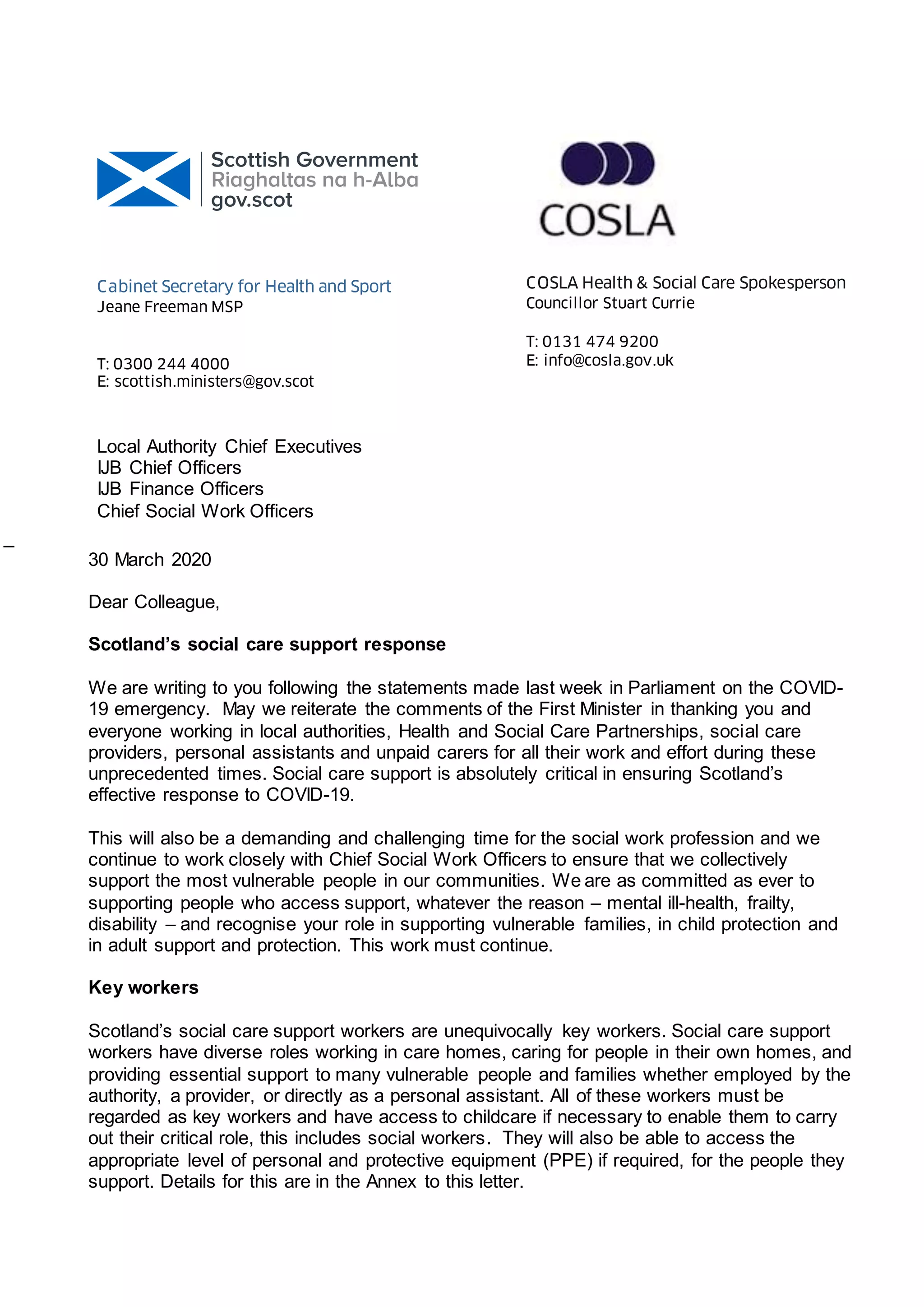 Key Worker Confirmation Letter, Scottish Government & CoSLA PDF