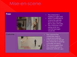 Props         •     The character is
                    holding a rugby ball.
              •     Which contributes to
                    characters gender
                    that most men just
                    like to play with balls.
              •     The character is just
                    doing what any
                    normal teenager
                    would do.

Costume   •       The costume the
                  characters wear is
                  casual and ordinary.
          •       In the picture on the left
                  the character is wearing
                  a hoodie and jeans.
          •       This could suggest that
                  the character is just a
                  laid back ordinary guy.
 