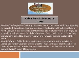 Cabin Rentals Mountain
Laurel
As one of the largest North Georgia Vacation Rental companies, we have something
for everybody from large, luxury cabins to cozy, budget friendly cabins. All of our
North Georgia rental cabins are fully furnished and ready for you to start enjoying
yourself the minute you arrive. Take advantage of our concierge services and have
everything you need for dinner, breakfast or a romantic evening waiting at the
cabin.
Mountain Laurel Cabin Rentals is actively accepting new rental properties in
Gilmer and Fannin Counties, as well as in the lower Tennessee area! Click here to
Learn why Mountain Laurel Cabin Rentals should be your first choice for North
Georgia Cabin Property Management.
 