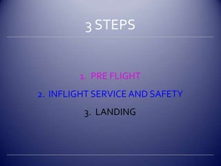 3 STEPS<br />PRE FLIGHT<br />INFLIGHT SERVICE AND SAFETY<br />LANDING<br />