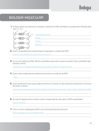 Biologia
11
1.	Na figura abaixo, que representa um pequeno segmento de DNA, identifique os componentes indicados pelas
setas 1, 2, 3, 4:
				 1: pentose (desoxirribose)
				 2: fosfato
				 3: timina
				 4: guanina
2.	Qual é o emparelhamento correto de bases nitrogenadas na molécula de DNA?
Timina (T) se liga com adenina (A) e guanina (G) com citosina (C).
3.	Se, em uma molécula de DNA, 28% dos nucleotídeos apresentam a guanina, quantos % dos nucleotídeos apre-
sentarão a timina?
22% de timina. Como as bases são complementares, haverá 28% de G, 28% de C, 22% de A e 22% de T.
4.	Qual é a base nitrogenada encontrada exclusivamente nas moléculas de RNA?
Uracila.
5.	O que são pentoses? A que grupo orgânico pertencem? Somente um tipo de pentose está presente na estrutura
dos ácidos nucleicos?
As pentoses são monossacarídeos (açúcares) com 5 carbonos. São encontradas duas pentoses: a ribose no RNA e a desoxirribose no DNA.
6.	Que tipo de ligação química mantém as bases nitrogenadas de cada cadeia no DNA emparelhadas?
Pontes de hidrogênio.
7.	Como se chama a duplicação do DNA e que enzima participa desse processo?
Chama-se replicação e a enzima é a DNA polimerase.
1
A
C
A
C
3
2
4
Biologia molecular
 