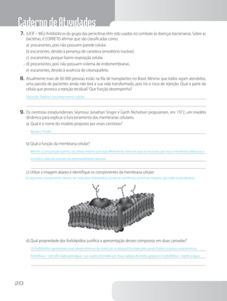 CadernodeAtividades
20
7.	(UFJF – MG) Antibióticos do grupo das penicilinas têm sido usados no combate às doenças bacterianas. Sobre as
bactérias, é CORRETO afirmar que são classificadas como:
a)	procariontes, pois não possuem parede celular.
b)	eucariontes, devido à presença de carioteca (envoltório nuclear).
c)	eucariontes, porque fazem respiração celular.
x	d)	procariontes, pois não possuem sistema de endomembranas.
e)	eucariontes, devido à ausência de citoesqueleto.
8.	Atualmente mais de 60 000 pessoas estão na fila de transplantes no Brasil. Mesmo que todos sejam atendidos,
uma parcela de pacientes ainda não terá a sua vida transformada, pois há o risco de rejeição. Qual a parte da
célula que provoca a rejeição tecidual? Que função desempenha?
Glicocálix. Realiza o reconhecimento celular.
9.	Os cientistas estadunidenses Seymour Jonathan Singer e Garth Nicholson propuseram, em 1972, um modelo
dinâmico para explicar o funcionamento das membranas celulares.
a)	Qual é o nome do modelo proposto por esses cientistas?
Mosaico Fluido
b) Qual a função da membrana celular?
Manter a composição química da célula, mesmo que seja diferente do meio em que se encontra, por isso a membrana seleciona a
entrada e saída de substâncias (permeabilidade seletiva).
c) Utilize a imagem abaixo e identifique os componentes da membrana celular:
Os seguintes componentes devem ser indicados: fosfolipídios, proteínas periféricas, proteínas integrais, glicocálix (carboidratos).
d) Qual propriedade dos fosfolipídios justifica a apresentação desses compostos em duas camadas?
Os fosfolipídios apresentam duas partes distintas da molécula: a cabeça é formada pelo grupo fosfato e possui características
hidrofílicas – com afinidade pela água – e a cauda é formada por duas cadeias de ácidos graxos e é hidrofóbica – repele a água.
 