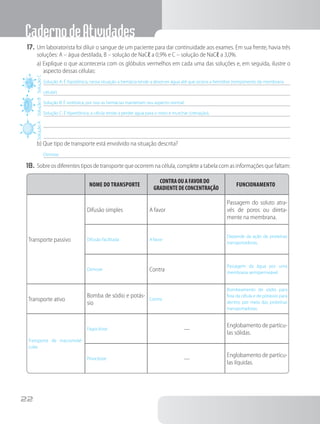 CadernodeAtividades
22
SoluçãoASoluçãoBSoluçãoC
17.	Um laboratorista foi diluir o sangue de um paciente para dar continuidade aos exames. Em sua frente, havia três
soluções: A – água destilada, B – solução de NaCℓ a 0,9% e C – solução de NaCℓ a 3,0%.
a) Explique o que aconteceria com os glóbulos vermelhos em cada uma das soluções e, em seguida, ilustre o
aspecto dessas células:
Solução A: É hipotônica, nessa situação a hemácia tende a absorver água até que ocorra a hemólise (rompimento da membrana
celular).
Solução B: É isotônica, por isso as hemácias manteriam seu aspecto normal.
Solução C: É hipertônica, a célula tende a perder água para o meio e murchar (crenação).
b) Que tipo de transporte está envolvido na situação descrita?
Osmose.
18.	Sobre os diferentes tipos de transporte que ocorrem na célula, complete a tabela com as informações que faltam:
Nome do transporte
Contraouafavordo
gradientedeconcentração
Funcionamento
Transporte passivo
Difusão simples A favor
Passagem do soluto atra-
vés de poros ou direta-
mente na membrana.
Difusão facilitada A favor
Depende da ação de proteínas
transportadoras.
Osmose Contra
Passagem da água por uma
membrana semipermeável.
Transporte ativo
Bomba de sódio e potás-
sio
Contra
Bombeamento de sódio para
fora da célula e de potássio para
dentro, por meio das proteínas
transportadoras.
Transporte de macromolé-
culas
Fagocitose —
Englobamento de partícu-
las sólidas.
Pinocitose —
Englobamento de partícu-
las líquidas.
 
