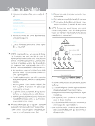 CadernodeAtividades
38
d)	Indique os nomes das células representadas de 1
a 5:
1: ovogônias
2: ovócito primário
3: ovócito secundário
4: óvulo
5: glóbulos primários
e)	Indique os números das células diploides repre-
sentadas no esquema:
1 e 2.
f)	 Quais os números que indicam as células haploi-
des no esquema?
3 e 4.
7.	(UTFPR) A gametogênese é um processo de forma-
ção de gametas que participam dos processos de
reprodução sexuada dos seres vivos. Este processo
permite a recombinação genética e, consequente-
mente, a variabilidade genética dos descendentes,
tão importante para a perpetuação das espécies.
Assinale a alternativa INCORRETA sobre este assunto.
a)	Nos mamíferos, o gameta feminino é uma célula
grande e imóvel cujo citoplasma aumenta du-
rante a gametogênese.
x	b)	De cada espermatogônia que inicia o processo
de espermatogênese, formam-se oito esperma-
tozoides.
c)	Na ovulogênese, a partir de cada ovogônia, for-
mam-se, ao final do processo, três glóbulos po-
lares e apenas um óvulo.
d)	Osgametassãocélulashaploides,decujafecunda-
ção forma-se o zigoto, que é uma célula diploide.
e)	Na formação dos espermatozoides, ocorre uma
etapa de diferenciação celular, na qual não ocor-
re nem mitose e nem meiose.
8.	Analise as informações que se seguem e assinale V
para as alternativas verdadeiras e F para as falsas:
( F ) Os homens possuem apenas uma gônada, en-
quanto as mulheres apresentam duas.
( V ) Estrógeno e progesterona são hormônios sexu-
ais femininos.
( V ) A primeira menstruação é chamada de menarca.
( F ) A interrupção da divisão celular na vida intrau-
terina das mulheres é chamada de menopausa.
9.	(UFPB) O esquema a seguir ilustra o processo de
formação dos gametas a partir de células germina-
tivas, o que ocorre em indivíduos humanos do sexo
masculino (espermatogênese).
Adaptado de: AMABIS e MARTHO, Fundamentos da Biologia
Moderna, São Paulo: Editora Moderna, 2002. p. 154.
Espermatozoides (n)
Espermatogônias (2n)
Espermatócito I (2n)
Espermatócitos II
Espermátides
		De acordo com o processo esquematizado, é corre-
to afirmar:
a)	As espermatogônias formam-se por divisão mei-
ótica de células da linhagem germinativa.
b)	O espermatócito I forma-se por fusão das esper-
matogônias.
c)	Os espermatócitos II formam-se ao final do pro-
cesso de divisão meiótica.
d)	As espermátides formam-se pelo crescimento e
diferenciação dos espermatócitos II.
x	e)	Os espermatozoides formam-se pela diferencia-
ção das espermátides, sem que ocorram novas
divisões celulares.
 