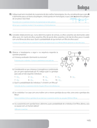 Biologia
45
Gametas A a
A AA Aa
a Aa aa
Letal
1 2
876543
9 10
13
11 12
13.	Indique qual será o resultado do cruzamento de dois coelhos heterozigotos, Aa x Aa, considerando que o gene A
é dominante para a cor branca da pelagem, e letal quando em homozigose, e que o alelo a determina pelagem
de cor preta e não é letal:
De acordo com o cruzamento entre Aa x Aa, representado ao lado, pode-se
afirmar que o cruzamento resultará 1/3 de aa (pretos) e 2/3 de Aa (brancos).
14.	Considere didaticamente que, numa determina espécie de animais, os olhos castanhos são dominantes sobre
olhos azuis. Um macho de olhos castanhos, filho de pai de olhos castanhos e de mãe de olhos azuis, é cruzado
com uma fêmea de olhos azuis. Qual é a probabilidade de que tenham um filho de olhos azuis?
O macho é Aa e a fêmea é aa, do cruzamento entre Aa x aa, espera-se que ½ ou 50% dos filhotes apresente cor dos olhos azuis.
15.	Observe o heredograma a seguir e na sequência responda às
questões propostas:
a)	A herança analisada é dominante ou recessiva?
É recessiva, pois o indivíduo 12 possui a característica e seus pais não.
b)	Considerando-se que a herança é monogênica e condicionada
por um gene representado por “A”, indique qual é o genótipo
para cada um dos seguintes indivíduos:
	 1 – Aa 	 2 – aa 	 4 – aa 	 5 – Aa 	 6 – aa 	
	 7 – Aa 	 8 – Aa 	 9 – Aa 	 10 – Aa
c)	Qual é a probabilidade dos indivíduos 7 x 8 terem um filho aa?
Como eles são Aa, o cruzamento entre Aa x Aa gera 25% ou ¼ de indivíduos aa.
d)	Se o indivíduo 5 se casar com uma mulher com o mesmo genótipo da sua mãe, como seria o genótipo dos
filhos?
Como o indivíduo 5 é Aa e o genótipo de sua mãe é aa, o cruzamento será Aa x aa, que gera: 50% Aa e 50% aa
e)	Se a característica em questão fosse o albinismo, qual a probabilidade de o indivíduo 6 ter filhos albinos, caso
se casasse com um homem albino?
100%, pois o casal é aa.
 