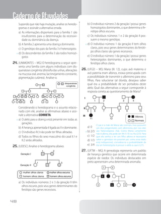 CadernodeAtividades
48
O pai e a mãe de Maria são normais, mas possuem
um dos progenitores com albinismo, por isso eles
são heterozigotos (Aa). Como Maria certamente
não é albina, ela pode ser AA (1/3) ou Aa (2/3). Para
que ela venha a ter um filho albino é necessário
saber o genótipo do possível pai, como esse dado
está indisponível, considera-se a probabilidade de
ela ser heterozigota e possuir o alelo a, que é 2/3.
		Supondo que não haja mutação, analise os heredo-
gramas e assinale a alternativa errada.
a)	As informações disponíveis para a família 1 são
insuficientes para a determinação da recessivi-
dade ou dominância da doença.
b)	A família 2 apresenta uma doença dominante.
c)	O genótipo dos pais da família 3 é heterozigoto.
x	d)	Os descendentes da família 3 são todos homozi-
gotos
24.	(UNIMONTES – MG) O heredograma a seguir apre-
senta uma família com alguns indivíduos com dis-
queratosecongênita(distrofiadasunhas,alterações
na mucosa oral, anemia, lacrimejamento constante,
pigmentação cutânea). Analise-o.
disqueratose
congênita
		Considerando o heredograma e o assunto relacio-
nado com ele, analise as afirmativas abaixo e assi-
nale a alternativa CORRETA.
x	a)	O alelo para a doença está presente em todas as
gerações.
b)	A herança apresentada é ligada ao X e dominante.
c) 	O indivíduo IV.3 não pode ter filhas afetadas.
d) 	Todos os filhos do sexo masculino do casal II.1 e
II.2 serão afetados.
25.	(UDESC) Analise o heredograma abaixo.
1
Geração I
Geração II
mulher olhos claros mulher olhos escuros
homem olhos claros homem olhos escuros
1 2 3
2
a)	Os indivíduos números 2 e 3 da geração II têm
olhos escuros, pois seus genes determinantes do
fenótipo são genes recessivos.
b)	O indivíduo número 2 da geração I possui genes
homozigotos dominantes, o que determina o fe-
nótipo olhos escuros.
c)	Os indivíduos números 1 e 2 da geração II pos-
suem o mesmo genótipo.
x	d)	O indivíduo número 1 da geração II tem olhos
claros, pois seus genes determinantes do fenóti-
po olhos claros são genes recessivos.
e)	O indivíduo número 1 da geração I possui genes
heterozigotos dominantes, o que determina o
fenótipo olhos claros.
26.	(UFGD – MS) Maria (III. 12), cujos avô materno e
avó paterna eram albinos, estava preocupada com
a possibilidade de transmitir o albinismo para seus
filhos. Para solucionar tal dúvida, desejava saber
qual era a probabilidade de ser portadora deste
alelo. Qual das alternativas a seguir corresponde à
resposta correta ao questionamento de Maria?
Albinos
Normais
1 2 3 4
5 6 7 8 9 10
11 12
I
II
III
a)	0
x	b)	2/3
c)	1/2
d)	1/3
e)	3/4
27.	(UFTM – MG) A genealogia representa um padrão
de herança genética que ocorre em determinada
espécie de roedor. Os indivíduos destacados em
preto apresentam uma determinada anomalia.
1 2
64
3
5 7
 