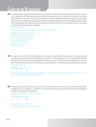CadernodeAtividades
50
33.	Uma planta que produz rabanetes redondos foi cruzada com outra que produzia rabanetes alongados, resultan-
do no surgimento de 100% de plantas que produziam rabanetes ovais. O cruzamento das plantas que produ-
ziam rabanetes ovais entre si gerou 41 plantas que produziam rabanetes redondos, 84 plantas que produziam
rabanetes ovais e 39 plantas que produziam rabanetes alongados. Qual o tipo de herança ligada à determinação
da forma dos rabanetes produzidos por essa espécie de planta? Demonstre os cruzamentos citados e os respec-
tivos genótipos dos indivíduos envolvidos.
Herança sem dominância
Rabanetes redondos x rabanetes alongados = RR x AA = 100% RA rabanetes ovais
Rabanetes ovais x rabanetes ovais = RA x RA =
Gametas R A
R RR RA
A RA AA
25% rabanetes redondos RR
25% rabanetes alongados AA
50% rabanetes ovais RA
34.	O cruzamento entre dois coelhos heterozigotos (Aa) gerou 6 descendentes que nasceram e se desenvolveram
de forma normal e saudável. Considerando que o gene A é dominante para a cor branca da pelagem, além de
letal nas primeiras fases embrionárias quando homozigoto, e que o alelo a determina pelagem de cor preta e
não é letal, indique quantos dos 6 coelhinhos nasceram saudáveis e com pelagem preta e quantos são brancos.
Cruzamento entre Aa x Aa
Gametas A a
A AA Aa
A Aa aa
Considerando que AA é letal, exclui-se a sua probabilidade para os nascimentos de indivíduos saudáveis. Assim, tem-se 2/3 Aa e 1/3 aa,
ou seja, 4 coelhinhos terão pelos brancos e 2, pelos pretos.
35.	Uma planta que produz flores rosa foi cruzada com uma planta de flores brancas. Todos os descendentes apre-
sentaram flores rosa. Realize o cruzamento entre duas flores rosa dessa descendência. Indique as proporções
fenotípicas e genotípicas encontradas.
A tabela abaixo representa o cruzamento entre VB x VB.
Gametas V B
V VV VB
B VB BB
Proporção genotípica: ¼ VV; ½ VB; ¼ BB
Proporção fenotípica: ¼ vermelhas, ½ rosa, ¼ brancas
 