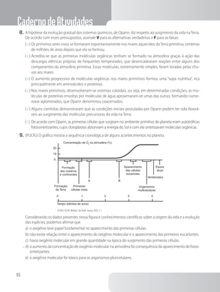 CadernodeAtividades
6
8.	A hipótese da evolução gradual dos sistemas químicos, de Oparin, diz respeito ao surgimento da vida naTerra.
De acordo com esses pressupostos, assinale V para as alternativas verdadeiras e F para as falsas:
( V )	Os primeiros seres vivos se formaram espontaneamente nos mares aquecidos da Terra primitiva, centenas
de milhões de anos depois que ela se formou.
( V )	Acredita-se que as primeiras moléculas orgânicas tenham se formado na atmosfera graças à ação das
descargas elétricas próprias de frequentes tempestades, que desencadearam reações entre alguns dos
componentes da atmosfera primitiva. Essas moléculas, extremamente simples, foram levadas pelas chu-
vas aos mares.
( V )	O aumento progressivo de moléculas orgânicas nos mares primitivos formou uma “sopa nutritiva”, rica
principalmente em aminoácidos e proteínas.
( V )	Nos mares primitivos, desenvolveram-se sistemas coloidais, ou seja, em determinadas condições, as mo-
léculas de proteínas envoltas por moléculas de água aproximaram-se umas das outras, formando nume-
rosos aglomerados, que Oparin denominou coacervados.
( V )	Alguns cientistas demonstraram que as condições iniciais postuladas por Oparin podem ter sido favorá-
veis ao surgimento das moléculas precursoras da vida na Terra.
( F )	De acordo com Oparin, as primeiras células que surgiram no ambiente primitivo do planeta eram autotróficas
fotossintetizantes, cujos cloroplastos absorviam a energia do Sol e com ela sintetizavam moléculas orgânicas.
9.	(PUCRJ) O gráfico mostra a sequência cronológica de alguns acontecimentos no planeta.
20
10
0
Concentração de O2
na atmosfera (%)
Formação
dos oceanos
e continentes
A B
Formação
da Terra
Primeiras
células vivas
Aparecimento
das células
eucariotas
Época
atual
Vertebrados
Organismos
multicelulares
Tempo (bilhões de anos)
0	 1	 2	 3	 4
CESAR e SEZAR. Biologia. São Paulo: Saraiva, 2002, v. 1.
		Considerando os dados presentes nessa figura e conhecimentos científicos sobre a origem da vida e a evolução
das espécies, podemos afirmar que
a)	o oxigênio teve papel fundamental no aparecimento das primeiras células.
b)	não existe relação entre o aparecimento do oxigênio molecular e o aparecimento dos primeiros eucariontes.
c)	havia oxigênio molecular em grande quantidade na época do surgimento das primeiras células.
x	d)	o aumento da concentração de oxigênio molecular na atmosfera foi consequência do aparecimento de fotos-
sintetizantes.
e)	o oxigênio molecular foi tóxico para os organismos pluricelulares.
 