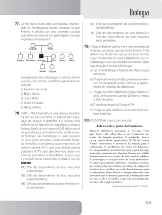 Biologia
63
77.	(UFPR) Num estudo sobre uma família, represen-
tada no heredograma abaixo, constatou-se que
Antonio é afetado por uma anomalia causada
pelo alelo recessivo de um gene ligado à porção
ímpar do cromossomo X.
Augusto
Rogerio Fernando Antonio Elisa Nancy Maria
Aurelio Cláudia
Adelia
		Considerando essa informação, é correto afirmar
que são, com certeza, portadores(as) do alelo em
questão:
a) Rogério e Fernando.
b) Elisa e Nancy.
c) Elisa e Maria.
x	d) Adélia e Cláudia.
e) Nancy e Maria.
78.	(UEM – PR) A hemofilia é uma doença hereditá-
ria em que há uma falha no sistema de coagu-
lação do sangue. A hemofilia A é causada pela
deficiência no fator VIII de coagulação e segue a
herança ligada ao cromossomo X. O alelo normal
do gene (H) atua como dominante, condicionan-
do fenótipo não hemofílico e o alelo mutante
(h) atua como recessivo, condicionando fenóti-
po hemofílico. Considere o casamento entre um
homem normal (XH
Y) com uma mulher normal
portadora (XH
Xh
) cujos descendentes podem ser
normais, portadores e hemofílicos. Sobre o que
é esperado desse casamento, assinale o que for
correto.
x	 01)	 25% dos descendentes do sexo masculino
serão normais.
02)	 50% dos descendentes do sexo masculino
serão hemofílicos.
04)	 50% dos descendentes do sexo feminino se-
rão portadores.
08)	 25% dos descendentes do sexo feminino se-
rão hemofílicos.
16)	 25% dos descendentes do sexo feminino e
25% dos descendentes do sexo masculino
serão portadores.
79.	Thiago é designer gráfico e em uma entrevista de
emprego comentou que seu irmão Roberto tinha
daltonismo. Ele afirmou que os pais eram normais
e que havia feito testes para o daltonismo, que re-
velaram que sua visão também era normal. Sobre
essa situação, é correto afirmar que:
a)	Certamente Thiago e Roberto são filhos de pais
diferentes.
b)	Thiago é somente portador, porém o uso inten-
sivo do computador pode estimular o apareci-
mento de sintomas do daltonismo.
x	c)	Thiago não tem daltonismo porque herdou o
alelo dominante de sua mãe, já Roberto herdou
o alelo recessivo.
d)	O genótipo do pai de Thiago é Xd
Y.
e)	Thiago só seria daltônico se seu pai fosse tam-
bém daltônico.
80.	(PUC-SP) Leia o texto com atenção:
Alternativa para daltonismo
Macacos daltônicos passaram a enxergar cores
após terem sido submetidos a um tratamento ba-
seado em terapia genética. A novidade, descri-
ta na edição desta quinta-feira (17/9) da revista
Nature, demonstra o potencial da terapia para o
tratamento de problemas de visão em humanos.
Os pesquisadores introduziram genes para fotopig-
mentação presentes em algumas fêmeas em células
fotorreceptoras nas retinas de dois machos adultos.
A introdução se deu por meio de vírus inofensivos.
Os genes produziram proteínas chamadas opsinas,
que atuam para a produção, na retina, de pigmentos
sensíveis ao vermelho e ao verde. Cinco semanas após
o tratamento, testes físicos e comportamentais com-
provaram que os animais passaram a distinguir entre
as cores verde e vermelho, o que não conseguiam fa-
zer antes da terapia genética.
(Extraído da Agência de Noticias da FAPESP, 17/09/2009)
 