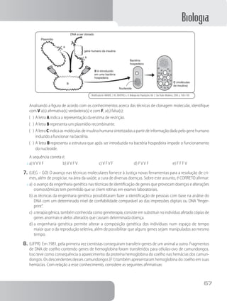 Biologia
67
DNA a ser clonado
Plasmídio
gene humano da insulina
Nucleoide
B é introduzido
em uma bactéria
hospedeira
Bactéria
hospedeira
C (moléculas
de insulina)
A
A
A
B
Modificado de: AMABIS, J. M.; MARTHO, G. R. Biologia das Populações,Vol. 3. São Paulo: Moderna, 2004. p. 168 e 169.
		Analisando a figura de acordo com os conhecimentos acerca das técnicas de clonagem molecular, identifique
com V a(s) afirmativa(s) verdadeira(s) e com F, a(s) falsa(s):
( )	A letra A indica a representação da enzima de restrição.
( )	A letra B representa um plasmídio recombinante.
( )	A letra C indica as moléculas de insulina humana sintetizadas a partir de informação dada pelo gene humano
induzido a funcionar na bactéria.
( )	A letra B representa a estrutura que após ser introduzida na bactéria hospedeira impede o funcionamento
do nucleoide.
		A sequência correta é:
x	a) V V V F 	 b) V V F V	 c) V F V F 	 d) F V V F	 e) F F F V
7.	(UEG – GO) O avanço nas técnicas moleculares fornece à Justiça novas ferramentas para a resolução de cri-
mes, além de propiciar, na área da saúde, a cura de diversas doenças. Sobre este assunto, é CORRETO afirmar:
x	a)	o avanço da engenharia genética nas técnicas de identificação de genes que provocam doenças e alterações
cromossômicas tem permitido que se criem rotinas em exames laboratoriais.
b)	as técnicas da engenharia genética possibilitaram fazer a identificação de pessoas com base na análise do
DNA com um determinado nível de confiabilidade comparável ao das impressões digitais ou DNA “finger-
print”.
c)	a terapia gênica, também conhecida como geneterapia, consiste em substituir no indivíduo afetado cópias de
genes anormais e alelos alterados que causam determinada doença.
d)	a engenharia genética permite alterar a composição genética dos indivíduos num espaço de tempo
maior que o da reprodução seletiva, além de possibilitar que alguns genes sejam manipulados ao mesmo
tempo.
8.	(UFPR) Em 1981, pela primeira vez cientistas conseguiram transferir genes de um animal a outro. Fragmentos
de DNA de coelho contendo genes de hemoglobina foram transferidos para células-ovo de camundongos.
Isso teve como consequência o aparecimento da proteína hemoglobina do coelho nas hemácias dos camun-
dongos. Os descendentes desses camundongos (F1) também apresentaram hemoglobina do coelho em suas
hemácias. Com relação a esse conhecimento, considere as seguintes afirmativas:
 
