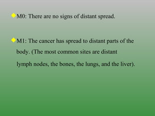 M0: There are no signs of distant spread.
M1: The cancer has spread to distant parts of the
body. (The most common sites are distant
lymph nodes, the bones, the lungs, and the liver).
 