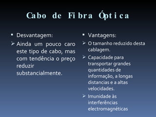 Cabo de Fibra Óptica Desvantagem: Ainda um pouco caro este tipo de cabo, mas com tendência o preço reduzir substancialmente. Vantagens: O tamanho reduzido desta cablagem. Capacidade para transportar grandes quantidades de informação, a longas distancias e a altas velocidades. Imunidade às interferências electromagnéticas 