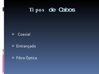 Tipos  de Cabos Coaxial Entrançado Fibra Óptica 