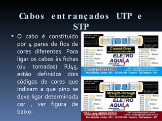 Cabos entrançados UTP e STP O cabo é constituído por 4 pares de fios de cores diferentes. Para ligar os cabos às fichas (ou tomadas) RJ45, estão definidos dois códigos de cores que indicam a que pino se deve ligar determinada cor , ver figura de baixo. 
