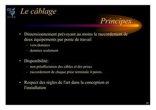 24
,E C¢BLAGE
0RINCIPES
• Dimensionnement prévoyant au moins le raccordement de
deux équipements par poste de travail
– voix/données
– données seulement
• Disponibilité:
– non préaffectation des câbles et des prises
– raccordement de chaque prise terminale 4 paires.
• Respect des règles de l'art dans la conception et
l'installation
 