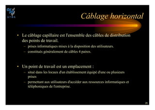 26
#¢BLAGE HORIZONTAL
• Le câblage capillaire est l'ensemble des câbles de distribution
des points de travail.
– prises informatiques mises à la disposition des utilisateurs.
– constitués généralement de câbles 4 paires.
• Un point de travail est un emplacement :
– situé dans les locaux d'un établissement équipé d'une ou plusieurs
prises
– permettant aux utilisateurs d'accéder aux ressources informatiques et
téléphoniques de l'entreprise.
 