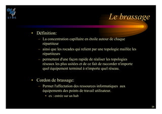 34
,E BRASSAGE
• Définition:
– La concentration capillaire en étoile autour de chaque
répartiteur
– ainsi que les rocades qui relient par une topologie maillée les
répartiteurs
– permettent d'une façon rapide de réaliser les topologies
réseaux les plus usitées et de ce fait de raccorder n'importe
quel équipement terminal à n'importe quel réseau.
• Cordon de brassage:
– Permet l'affectation des ressources informatiques aux
équipements des points de travail utilisateur.
• ex : entrée sur un hub
 