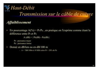 42
(AUT $©BIT
4RANSMISSION SUR LE C¢BLE DE CUIVRE
!FFAIBLISSEMENT
• En pourcentage A(%) = Pr/Pe , en pratique on l'exprime comme étant la
différence entre Pr et Pe
A (dB) = | Pr(dB) - Pe(dB) |
Pr : puissance reçue
Pe : puissance émise
• Donné en dB/km ou en dB/100 m
– A = 7dB/100m à 10 MHz alors Pr = 20% de Pe
 