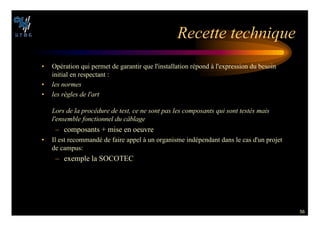 56
2ECETTE TECHNIQUE
• Opération qui permet de garantir que l'installation répond à l'expression du besoin
initial en respectant :
• LES NORMES
• LES R¨GLES DE LART
,ORS DE LA PROC©DURE DE TEST CE NE SONT PAS LES COMPOSANTS QUI SONT TEST©S MAIS
LENSEMBLE FONCTIONNEL DU C¢BLAGE
– composants + mise en oeuvre
• Il est recommandé de faire appel à un organisme indépendant dans le cas d'un projet
de campus:
– exemple la SOCOTEC
 