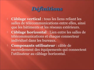  Câblage vertical : tous les liens reliant les
salles de télécommunications entre elles, ainsi
que les bâtiments et les réseaux extérieurs.
 Câblage horizontal : Lien entre les salles de
télécommunications et chaque connecteur
individuel dans les bureaux.
 Composants utilisateur : câble de
raccordement des équipements qui connectent
l'utilisateur au câblage horizontal.
 