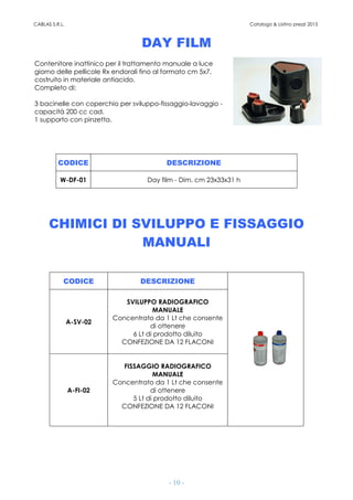 CABLAS S.R.L. Catalogo & Listino prezzi 2015
- 10 -
DAY FILM
Contenitore inattinico per il trattamento manuale a luce
giorno delle pellicole Rx endorali fino al formato cm 5x7,
costruito in materiale antiacido.
Completo di:
3 bacinelle con coperchio per sviluppo-fissaggio-lavaggio -
capacità 200 cc cad.
1 supporto con pinzetta.
CODICE DESCRIZIONE
W-DF-01 Day film - Dim. cm 23x33x31 h
CHIMICI DI SVILUPPO E FISSAGGIO
MANUALI
CODICE DESCRIZIONE
A-SV-02
SVILUPPO RADIOGRAFICO
MANUALE
Concentrato da 1 Lt che consente
di ottenere
6 Lt di prodotto diluito
CONFEZIONE DA 12 FLACONI
A-FI-02
FISSAGGIO RADIOGRAFICO
MANUALE
Concentrato da 1 Lt che consente
di ottenere
5 Lt di prodotto diluito
CONFEZIONE DA 12 FLACONI
 