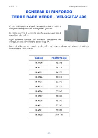 CABLAS S.R.L. Catalogo & Listino prezzi 2015
- 15 -
SCHERMI DI RINFORZO
TERRE RARE VERDE – VELOCITA’ 400
Compatibili con tutte le pellicole convenzionali e destinati
a migliorare la qualità dell’immagine RX globale.
La nostra gamma di schermi si adatta a qualunque tipo di
cassetta radiografica.
Ogni schermo fornisce alti contrasti, percezione dei
dettagli, anche con riduzione dei dosaggi RX.
Prima di utilizzare la cassetta radiografica occorre applicare gli schermi di rinforzo
internamente alla cassetta.
CODICE FORMATO CM
H-AT-20 13 X 18
H-AT-21 18 X 24
H-AT-22 24 X 30
H-AT-23 18 X 43
H-AT-24 30 X 40
H-AT-25 35 X 35
H-AT-26 35 X 43
H-AT-27 15 X 30
H-AT-28 15 X 40
H-AT-29 20 X 40
H-AT-31 30 X 90
H-AT-32 30 X 120
 