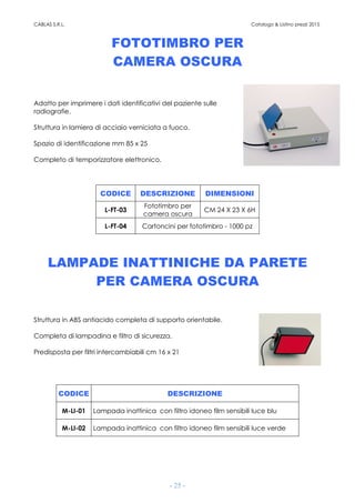 CABLAS S.R.L. Catalogo & Listino prezzi 2015
- 25 -
FOTOTIMBRO PER
CAMERA OSCURA
Adatto per imprimere i dati identificativi del paziente sulle
radiografie.
Struttura in lamiera di acciaio verniciata a fuoco.
Spazio di identificazione mm 85 x 25
Completo di temporizzatore elettronico.
CODICE DESCRIZIONE DIMENSIONI
L-FT-03
Fototimbro per
camera oscura
CM 24 X 23 X 6H
L-FT-04 Cartoncini per fototimbro - 1000 pz
LAMPADE INATTINICHE DA PARETE
PER CAMERA OSCURA
Struttura in ABS antiacido completa di supporto orientabile.
Completa di lampadina e filtro di sicurezza.
Predisposta per filtri intercambiabili cm 16 x 21
CODICE DESCRIZIONE
M-LI-01 Lampada inattinica con filtro idoneo film sensibili luce blu
M-LI-02 Lampada inattinica con filtro idoneo film sensibili luce verde
 