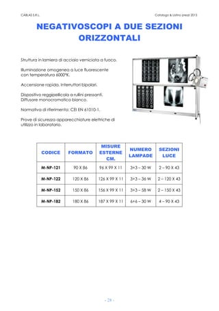 CABLAS S.R.L. Catalogo & Listino prezzi 2015
- 28 -
NEGATIVOSCOPI A DUE SEZIONI
ORIZZONTALI
Struttura in lamiera di acciaio verniciata a fuoco.
Illuminazione omogenea a luce fluorescente
con temperatura 6000°K.
Accensione rapida. Interruttori bipolari.
Dispositivo reggipellicola a rullini pressanti.
Diffusore monocromatico bianco.
Normativa di riferimento: CEI EN 61010-1.
Prove di sicurezza apparecchiature elettriche di
utilizzo in laboratorio.
CODICE FORMATO
MISURE
ESTERNE
CM.
NUMERO
LAMPADE
SEZIONI
LUCE
M-NP-121 90 X 86 96 X 99 X 11 3+3 – 30 W 2 – 90 X 43
M-NP-122 120 X 86 126 X 99 X 11 3+3 – 36 W 2 – 120 X 43
M-NP-152 150 X 86 156 X 99 X 11 3+3 – 58 W 2 – 150 X 43
M-NP-182 180 X 86 187 X 99 X 11 6+6 – 30 W 4 – 90 X 43
 