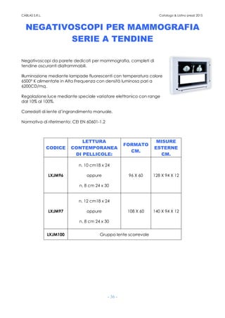 CABLAS S.R.L. Catalogo & Listino prezzi 2015
- 36 -
NEGATIVOSCOPI PER MAMMOGRAFIA
SERIE A TENDINE
Negativoscopi da parete dedicati per mammografia, completi di
tendine oscuranti diaframmabili.
Illuminazione mediante lampade fluorescenti con temperatura colore
6500° K alimentate in Alta Frequenza con densità luminosa pari a
6200CD/mq.
Regolazione luce mediante speciale variatore elettronico con range
dal 10% al 100%.
Corredati di lente d’ingrandimento manuale.
Normativa di riferimento: CEI EN 60601-1.2
CODICE
LETTURA
CONTEMPORANEA
DI PELLICOLE:
FORMATO
CM.
MISURE
ESTERNE
CM.
LXJM96
n. 10 cm18 x 24
oppure
n. 8 cm 24 x 30
96 X 60 128 X 94 X 12
LXJM97
n. 12 cm18 x 24
oppure
n. 8 cm 24 x 30
108 X 60 140 X 94 X 12
LXJM100 Gruppo lente scorrevole
 