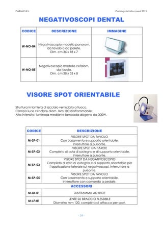 CABLAS S.R.L. Catalogo & Listino prezzi 2015
- 39 -
NEGATIVOSCOPI DENTAL
CODICE DESCRIZIONE IMMAGINE
W-NO-04
Negativoscopio modello panoram,
da tavolo o da parete.
Dim. cm 36 x 18 x 7
W-NO-05
Negativoscopio modello cefalom,
da tavolo.
Dim. cm 38 x 33 x 8
VISORE SPOT ORIENTABILE
Struttura in lamiera di acciaio verniciato a fuoco.
Campo luce circolare diam. mm 100 diaframmabile.
Alta intensita’ luminosa mediante lampada alogena da 300W.
CODICE DESCRIZIONE
M-SP-01
VISORE SPOT DA TAVOLO
Con basamento e supporto orientabile.
Interruttore a pulsante.
M-SP-02
VISORE SPOT DA PARETE
Completo di asta di sostegno e di supporto orientabile.
Interruttore a pulsante.
M-SP-03
VISORE SPOT DA NEGATIVOSCOPIO
Completo di asta di sostegno e di supporto orientabile per
l’applicazione laterale sui negativoscopi. Interruttore a
pulsante.
M-SP-05
VISORE SPOT DA TAVOLO
Con basamento e supporto orientabile.
Interruttore con comando a pedale.
ACCESSORI
M-DI-01 DIAFRAMMA AD IRIDE
M-LF-01
LENTE SU BRACCIO FLESSIBILE
Diametro mm 120, completa di attacco per spot.
 