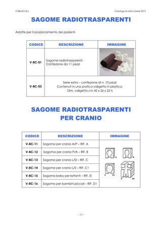 CABLAS S.R.L. Catalogo & Listino prezzi 2015
- 40 -
SAGOME RADIOTRASPARENTI
Adatte per il posizionamento dei pazienti.
CODICE DESCRIZIONE IMMAGINE
V-BC-01
Sagome radiotrasparenti;
Confezione da 11 pezzi
V-BC-03
Serie extra – confezione di n. 10 pezzi
Contenuti in una pratica valigetta in plastica.
Dim. valigetta cm 42 x 26 x 25 h
SAGOME RADIOTRASPARENTI
PER CRANIO
CODICE DESCRIZIONE IMMAGINE
V-BC-11 Sagoma per cranio A/P – RIF. A
V-BC-12 Sagoma per cranio P/A – RIF. B
V-BC-13 Sagoma per cranio L/D – RIF. C
V-BC-14 Sagoma per cranio L/S – RIF. C1
V-BC-15 Sagoma baby per lattanti – RIF. D
V-BC-16 Sagoma per bambini piccoli – RIF. D1
 