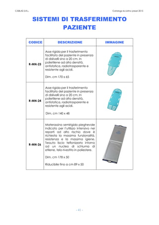 CABLAS S.R.L. Catalogo & Listino prezzi 2015
- 41 -
SISTEMI DI TRASFERIMENTO
PAZIENTE
CODICE DESCRIZIONE IMMAGINE
R-MN-23
Asse rigida per il trasferimento
facilitato del paziente in presenza
di dislivelli sino a 20 cm. In
polietilene ad alta densità,
antistatica, radiotrasparente e
resistente agli acidi.
Dim. cm 170 x 65
R-MN-24
Asse rigida per il trasferimento
facilitato del paziente in presenza
di dislivelli sino a 20 cm. In
polietilene ad alta densità,
antistatica, radiotrasparente e
resistente agli acidi.
Dim. cm 140 x 48
R-MN-26
Materassino semirigido pieghevole
indicato per l’utilizzo intensivo nei
reparti ad alto rischio dove è
richiesta la massima funzionalità,
resistenza e la massima igiene.
Tessuto liscio teflonizzato intorno
ad un nucleo di schiuma di
etilene, telo rivestito in poliestere.
Dim. cm 178 x 50
Riducibile fino a cm 89 x 50
 