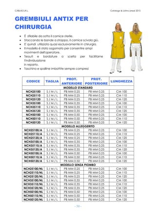 CABLAS S.R.L. Catalogo & Listino prezzi 2015
- 50 -
GREMBIULI ANTIX PER
CHIRURGIA
• È sfilabile da sotto il camice sterile.
• Staccando le bande a strappo, il camice scivola giù.
• E' quindi utilizzato quasi esclusivamente in chirurgia.
• Il modello è stato sagomato per consentire ampi
movimenti dell'operatore.
• Tessuti e bordature a scelta per facilitarne
l'individuazione
in reparto.
• Taschino e spalline imbottite sempre compresi
CODICE TAGLIA
PROT.
ANTERIORE
PROT.
POSTERIORE
LUNGHEZZA
MODELLO STANDARD
NCH25100 S / M / L PB MM 0,25 PB MM 0,25 CM 100
NCH25110 S / M / L PB MM 0,25 PB MM 0,25 CM 110
NCH25120 S / M / L PB MM 0,25 PB MM 0,25 CM 120
NCH35100 S / M / L PB MM 0,35 PB MM 0,25 CM 100
NCH35110 S / M / L PB MM 0,35 PB MM 0,25 CM 110
NCH35120 S / M / L PB MM 0,35 PB MM 0,25 CM 120
NCH50100 S / M / L PB MM 0,50 PB MM 0,25 CM 100
NCH50110 S / M / L PB MM 0,50 PB MM 0,25 CM 110
NCH50120 S / M / L PB MM 0,50 PB MM 0,25 CM 120
MODELLO ALLEGGERITO
NCH25100/A S / M / L PB MM 0,25 PB MM 0,25 CM 100
NCH25110/A S / M / L PB MM 0,25 PB MM 0,25 CM 110
NCH25120/A S / M / L PB MM 0,25 PB MM 0,25 CM 120
NCH35100/A S / M / L PB MM 0,35 PB MM 0,25 CM 100
NCH35110/A S / M / L PB MM 0,35 PB MM 0,25 CM 110
NCH35120/A S / M / L PB MM 0,35 PB MM 0,25 CM 120
NCH50100/A S / M / L PB MM 0,50 PB MM 0,25 CM 100
NCH50110/A S / M / L PB MM 0,50 PB MM 0,25 CM 110
NCH50120/A S / M / L PB MM 0,50 PB MM 0,25 CM 120
MODELLO SENZA PIOMBO
NCH25100/NL S / M / L PB MM 0,25 PB MM 0,25 CM 100
NCH25110/NL S / M / L PB MM 0,25 PB MM 0,25 CM 110
NCH25120/NL S / M / L PB MM 0,25 PB MM 0,25 CM 120
NCH35100/NL S / M / L PB MM 0,35 PB MM 0,25 CM 100
NCH35110/NL S / M / L PB MM 0,35 PB MM 0,25 CM 110
NCH35120/NL S / M / L PB MM 0,35 PB MM 0,25 CM 120
NCH50100/NL S / M / L PB MM 0,50 PB MM 0,25 CM 100
NCH50110/NL S / M / L PB MM 0,50 PB MM 0,25 CM 110
NCH50120/NL S / M / L PB MM 0,50 PB MM 0,25 CM 120
 