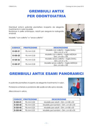 CABLAS S.R.L. Catalogo & Listino prezzi 2015
- 51 -
GREMBIULI ANTIX
PER ODONTOIATRIA
Grembiuli antix in polivinile piombifero ricoperto da elegante
rivestimento in nylon lavabile.
Bordature in pelle antistrappo. Adatti per eseguire le radiografie
endorali.
Modello “con colletto” e “senza colletto”
CODICE PROTEZIONE DESCRIZIONE
O-GD-21 Pb mm 0,50
Modello con colletto – taglia SMALL
Dim. cm 51 x 76
O-GD-22 Pb mm 0,50
Modello con colletto – taglia MEDIUM
Dim. cm 60 x 100
O-GD-26 Pb mm 0,50
Modello senza colletto – taglia SMALL
Dim. cm 51 x 76
O-GD-27 Pb mm 0,50
Modello senza colletto – taglia MEDIUM
Dim. cm 60 x 100
GREMBIULI ANTIX ESAMI PANORAMICI
In polivinile piombifero ricoperto da elegante rivestimento in nylon.
Protezione anteriore e posteriore alle spalle ed alla spina dorsale.
Allacciatura in velcro.
CODICE PROTEZIONE DESCRIZIONE
O-GD-41 Pb mm 0,50 Modello per adulti – Dim. cm 80 x 50
O-GD-42 Pb mm 0,50 Modello per bambini – Dim. cm 60 x 50
O-GD-43 Pb mm 0,25 Modello per adulti – Dim. cm 80 x 50
O-GD-44 Pb mm 0,25 Modello per bambini – Dim. cm 60 x 50
 