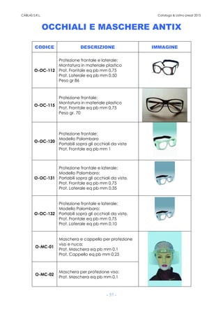 CABLAS S.R.L. Catalogo & Listino prezzi 2015
- 57 -
OCCHIALI E MASCHERE ANTIX
CODICE DESCRIZIONE IMMAGINE
O-OC-112
Protezione frontale e laterale;
Montatura in materiale plastico
Prot. Frontale eq pb mm 0,75
Prot. Laterale eq pb mm 0,50
Peso gr 86
O-OC-115
Protezione frontale;
Montatura in materiale plastico
Prot. Frontale eq pb mm 0,75
Peso gr. 70
O-OC-120
Protezione frontale;
Modello Palombaro
Portabili sopra gli occhiali da vista
Prot. Frontale eq pb mm 1
O-OC-131
Protezione frontale e laterale;
Modello Palombaro;
Portabili sopra gli occhiali da vista.
Prot. Frontale eq pb mm 0,75
Prot. Laterale eq pb mm 0,35
O-OC-132
Protezione frontale e laterale;
Modello Palombaro;
Portabili sopra gli occhiali da vista.
Prot. Frontale eq pb mm 0,75
Prot. Laterale eq pb mm 0,10
O-MC-01
Maschera e cappello per protezione
viso e nuca;
Prot. Maschera eq pb mm 0,1
Prot. Cappello eq pb mm 0,25
O-MC-02
Maschera per protezione viso;
Prot. Maschera eq pb mm 0,1
 