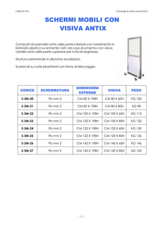 CABLAS S.R.L. Catalogo & Listino prezzi 2015
- 63 -
SCHERMI MOBILI CON
VISIVA ANTIX
Composti da pannello antix nella parte inferiore con rivestimento in
laminato plastico su entrambi i lati; nel caso di schermo con visiva,
cristallo antix nella parte superiore per tutta la larghezza.
Struttura perimetrale in alluminio anodizzato.
Scorrevoli su ruote piroettanti con freno di bloccaggio.
CODICE SCHERMATURA
DIMENSIONI
ESTERNE
VISIVA PESO
S-SM-20 Pb mm 2 CM 82 X 198H CM 80 X 60H KG 100
S-SM-21 Pb mm 2 CM 82 X 198H CM 80 X 80H KG 98
S-SM-22 Pb mm 2 CM 102 X 198H CM 100 X 60H KG 112
S-SM-23 Pb mm 2 CM 102 X 198H CM 100 X 80H KG 120
S-SM-24 Pb mm 2 CM 122 X 198H CM 120 X 60H KG 130
S-SM-25 Pb mm 2 CM 122 X 198H CM 120 X 80H KG 136
S-SM-26 Pb mm 2 CM 142 X 198H CM 140 X 60H KG 146
S-SM-27 Pb mm 2 CM 142 X 198H CM 140 X 80H KG 150
 