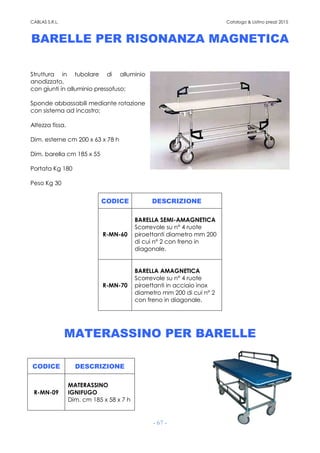 CABLAS S.R.L. Catalogo & Listino prezzi 2015
- 67 -
BARELLE PER RISONANZA MAGNETICA
Struttura in tubolare di alluminio
anodizzato,
con giunti in alluminio pressofuso;
Sponde abbassabili mediante rotazione
con sistema ad incastro;
Altezza fissa.
Dim. esterne cm 200 x 63 x 78 h
Dim. barella cm 185 x 55
Portata Kg 180
Peso Kg 30
CODICE DESCRIZIONE
R-MN-60
BARELLA SEMI-AMAGNETICA
Scorrevole su n° 4 ruote
piroettanti diametro mm 200
di cui n° 2 con freno in
diagonale.
R-MN-70
BARELLA AMAGNETICA
Scorrevole su n° 4 ruote
piroettanti in acciaio inox
diametro mm 200 di cui n° 2
con freno in diagonale.
MATERASSINO PER BARELLE
CODICE DESCRIZIONE
R-MN-09
MATERASSINO
IGNIFUGO
Dim. cm 185 x 58 x 7 h
 