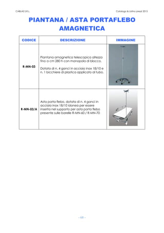 CABLAS S.R.L. Catalogo & Listino prezzi 2015
- 68 -
PIANTANA / ASTA PORTAFLEBO
AMAGNETICA
CODICE DESCRIZIONE IMMAGINE
R-MN-03
Piantana amagnetica telescopica altezza
fino a cm 280 h con manopola di blocco.
Dotata di n. 4 ganci in acciaio inox 18/10 e
n. 1 bicchiere di plastica applicato al tubo.
R-MN-03/A
Asta porta flebo, dotata di n. 4 ganci in
acciaio inox 18/10 idonea per essere
inserita nel supporto per asta porta flebo
presente sulle barelle R-MN-60 / R-MN-70
 