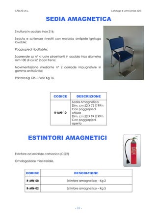 CABLAS S.R.L. Catalogo & Listino prezzi 2015
- 69 -
SEDIA AMAGNETICA
Struttura in acciaio inox 316;
Seduta e schienale rivestiti con morbida similpelle ignifuga
lavabile;
Poggiapiedi ribaltabile;
Scorrevole su n° 4 ruote piroettanti in acciaio inox diametro
mm 100 di cui n° 2 con freno;
Movimentazione mediante n° 2 comode impugnature in
gomma antiscivolo;
Portata Kg 135 – Peso Kg 16.
CODICE DESCRIZIONE
R-MN-10
Sedia Amagnetica
Dim. cm 52 X 75 X 99 h
Con poggiapiedi
chiuso
Dim. cm 52 X 94 X 99 h
Con poggiapiedi
aperto
ESTINTORI AMAGNETICI
Estintore ad anidride carbonica (CO2)
Omologazione ministreriale.
CODICE DESCRIZIONE
R-MN-08 Estintore amagnetico – Kg 2
R-MN-02 Estintore amagnetico – Kg 5
 
