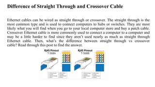 Difference of Straight Through and Crossover Cable
Ethernet cables can be wired as straight through or crossover. The straight through is the
most common type and is used to connect computers to hubs or switches. They are most
likely what you will find when you go to your local computer store and buy a patch cable.
Crossover Ethernet cable is more commonly used to connect a computer to a computer and
may be a little harder to find since they aren’t used nearly as much as straight through
Ethernet cable. Then, what’s the difference between straight through vs crossover
cable? Read through this post to find the answer.
 