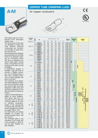 22
A-M series lugs are manu-
factured from electrolytic
copper tube.
The dimensions of the tube
are designed to obtain the
most efficient electrical
conductivity and mechani-
cal strength to resist vibra-
tion and pull out.
Cembrelugsareannealedto
guarantee optimum ductility
which is an absolute neces-
sity for connectors which
will have to withstand the
severe deformation arising
when compressed and any
bending of the palm during
installation.
In applications subject to
vibration, lugs still have to
provide a reliable connec-
tion and annealing plays a
vital role in avoiding crack-
ing or breaks between the
barrel and palm.
The presence of an inspec-
tion hole facilitates full inser-
tion of the conductor, whilst
the barrel length has been
designed to allow easy and
accurate positioning of the
dies during the crimping op-
eration.
Lugs are electrolytically tin-
plated to avoid oxidation.
A-M series lugs form an
important part of Cembre
crimping systems for pow-
er carrying conductors,
details of the appropriate
crimping tools and dies are
shown opposite and in detail
on pages 186 to 187.
Our technicians are always
available to provide any
technical advice which may
be required.
The enclosed table is only
indicative of the range and
many variations in stud fix-
ing and palm lengths are
also available.
COPPER TUBE CRIMPING LUGS
for copper conductorsA-M
File no. E125401
for copper conductorsA-M
Cond. Size
sqmm
Ø
Stud
mm
Ref.
D i m e n s i o n s m m Quantity
Box/Bag
Mechanical
Tools
Hydraulic
Tools
low
stranded
flexible* Øi B M N L d
0,25÷1,5
3 A 03-M 3 1,8 6,0 4,5 3,5 16,0 3,2 5.000/100
HN1
B15D
3,5 A 03-M 3.5 1,8 6,5 4,5 3,5 16,0 3,7 5.000/100
4 A 03-M 4 1,8 6,5 5,0 4,0 17,0 4,3 5.000/100
5 A 03-M 5 1,8 7,5 5,5 4,5 18,0 5,3 5.000/100
6 A 03-M 6 1,8 9,0 6,0 5,0 19,0 6,4 5.000/100
1,5÷2,5
3 A 06-M 3 2,4 6,0 4,5 3,5 17,0 3,2 4.000/100
3,5 A 06-M 3.5 2,4 6,5 4,5 3,5 17,0 3,7 4.000/100
4 A 06-M 4 2,4 7,5 5,0 4,0 18,0 4,3 4.000/100
5 A 06-M 5 2,4 8,5 5,5 4,5 19,0 5,3 4.000/100
6 A 06-M 6 2,4 9,0 6,0 5,0 20,0 6,4 4.000/100
8 A 06-M 8 2,4 12,0 9,0 8,0 26,0 8,4 2.500/100
4÷6
3 A 1-M 3 3,6 7,5 4,5 3,5 20,5 3,2 2.000/100
TN70SE
B35-45D
B35-50D
HT45-E
HT51RH50B51B55
3,5 A 1-M 3.5 3,6 7,5 4,5 3,5 20,5 3,7 2.000/100
4 A 1-M 4 3,6 8,0 5,0 4,0 21,5 4,3 2.000/100
5 A 1-M 5 3,6 9,0 6,5 6,0 25,0 5,3 2.000/100
6 A 1-M 6 3,6 11,0 7,0 6,0 25,5 6,4 2.000/100
8 A 1-M 8 3,6 14,0 9,0 8,0 29,5 8,4 1.500/100
10 A 1-M 10 3,6 16,5 11,0 10,0 33,5 10,5 1.000/100
10
4 A 2-M 4 4,6 10,0 5,0 4,0 22,5 4,3 1.500/100 HN5
HN-A25
TN120SE
HT81-URHU81
HT120andtoolsandheadswith130kNcrimpingforce
ECW-H3D
RHU520
5 A 2-M 5 4,6 10,0 6,5 6,0 26,0 5,3 1.500/100
6 A 2-M 6 4,6 11,0 7,0 6,0 26,5 6,4 1.500/100
8 A 2-M 8 4,6 15,0 9,0 8,0 30,5 8,4 1.000/100
10 A 2-M 10 4,6 18,0 11,0 10,0 34,5 10,5 1.000/100
12 A 2-M 12 4,6 19,0 14,0 12,0 39,5 13,2 500/100
16
4 A 3-M 4 5,8 11,5 5,0 4,0 25,5 4,3 1.000/100
5 A 3-M 5 5,8 11,5 6,5 6,0 29,0 5,3 1.000/100
6 A 3-M 6 5,8 11,5 7,0 6,0 29,5 6,4 1.000/100
8 A 3-M 8 5,8 15,0 9,0 8,0 33,5 8,4 500/100
10 A 3-M 10 5,8 18,0 11,0 10,0 37,5 10,5 500/100
12 A 3-M 12 5,8 20,0 14,0 12,0 42,5 13,2 500/100
25
4 A 5-M 4 7,0 14,0 5,0 4,0 28,0 4,3 1.000/100
5 A 5-M 5 7,0 14,0 6,5 6,0 31,5 5,3 500/100
6 A 5-M 6 7,0 14,0 7,0 6,0 32,0 6,4 500/100
8 A 5-M 8 7,0 15,0 9,0 8,0 36,0 8,4 500/100
10 A 5-M 10 7,0 18,0 11,0 10,0 40,0 10,5 500/100
12 A 5-M 12 7,0 21,0 14,0 12,0 45,0 13,2 500/100
35
25
35
5 A 7-M 5 8,9 17,0 6,5 6,0 34,0 5,3 500/100
6 A 7-M 6 8,9 17,0 7,0 6,0 34,5 6,4 500/100
8 A 7-M 8 8,9 17,0 9,0 8,0 38,5 8,4 400/100
10 A 7-M 10 8,9 19,0 11,0 10,0 42,5 10,5 400/100
12 A 7-M 12 8,9 21,0 14,0 12,0 47,5 13,2 300/50
50
35
50
6 A 10-M 6 10,0 19,0 8,0 7,0 38,5 6,4 200/50
8 A 10-M 8 10,0 19,0 9,0 8,0 40,5 8,4 200/50
10 A 10-M 10 10,0 20,0 11,5 9,5 44,5 10,5 200/50
12 A 10-M 12 10,0 21,0 12,0 12,0 47,5 13,2 200/50
14 A 10-M 14 10,0 25,0 16,0 14,0 55,5 15,0 200/50
16 A 10-M 16 10,0 26,0 18,0 16,0 59,5 17,0 200/50
70
50
70
6 A 14-M 6 11,3 21,0 8,0 7,0 44,0 6,4 200/50
8 A 14-M 8 11,3 21,0 9,0 8,0 46,0 8,4 200/50
10 A 14-M 10 11,3 21,0 11,0 10,0 50,0 10,5 200/50
12 A 14-M 12 11,3 22,0 14,0 12,0 55,0 13,2 150/50
14 A 14-M 14 11,3 25,0 16,0 14,0 59,0 15,0 100/50
16 A 14-M 16 11,3 26,0 18,0 16,0 63,0 17,0 100/50
mail@akbartrading.com Fax. 00966 13363 3883
www@akbartrading.com Tel. 00966 13363 5225
 