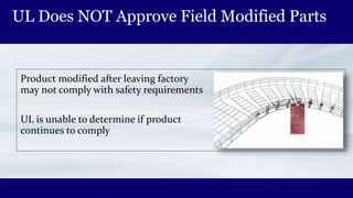 UL Does NOT Approve Field Modified Parts
Product modified after leaving factory
may not comply with safety requirements
UL is unable to determine if product
continues to comply
 
