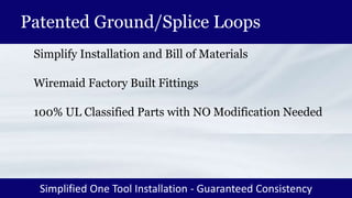 Patented Ground/Splice Loops
Simplify Installation and Bill of Materials
Wiremaid Factory Built Fittings
100% UL Classified Parts with NO Modification Needed
Simplified One Tool Installation - Guaranteed Consistency
 